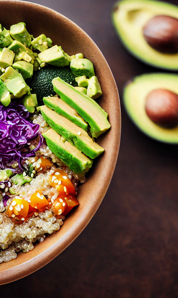 Poke bowl with quinoa, salmon, avocado and feta cheese on a dark background top view with copy space. Home delivery food.Clean Eating Concept.