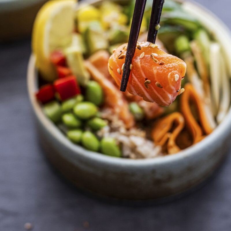 Salmon on rice poke bowl photography